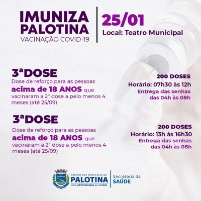 Palotina vai aplicar somente a 3ª dose da vacina nesta terça-feira