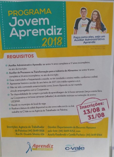 Agência do Trabalhador de Palotina está 105 vagas para menor aprendiz