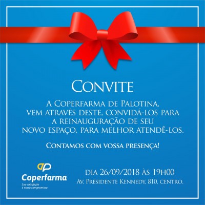 Nesta quarta-feira 26, acontece a grande reinauguração da Farmácia Coperfarma. Você é nosso convidado, participe!