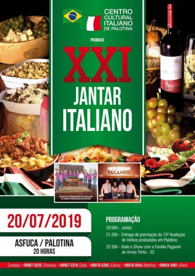 Palotina: 20/07 acontecerá a 21ª edição do Jantar Italiano com entrega de premiação dos melhores vinhos