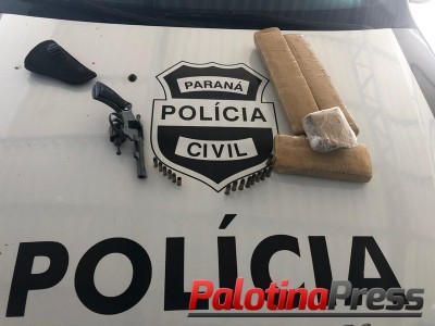 Polícia Civil de Palotina prende suspeito de tentativa de homicídio. Arma de fogo, munições e maconha foram apreendidas com ele.