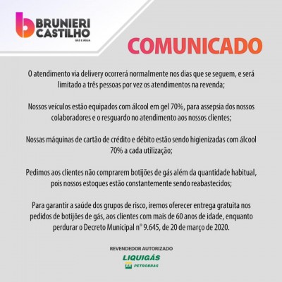 A Distribuidora Brunieri Castilho comunica a seus clientes que o atendimento Delivery ocorrerá normalmente nos dias que seguem.