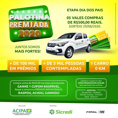 Sorteio de cinco vales compras de R$ 500,00 da Promoção Palotina Premiada será neste sábado