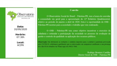 Observatório Social de Palotina convida a comunidade para a apresentação do 12° Relatório Quadrimestral 2020