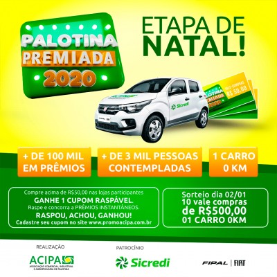 SORTEIO-Etapa de Natal da Promoção Palotina Premiada terá sorteio de R$ 5 mil em vales compras e um carro novo
