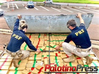 PRF, em conjunto com a PF, realiza grande apreensão de maconha escondida no teto de caminhão-baú 