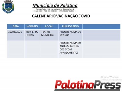 Atenção ao calendário de vacinação contra Covid-19 desta segunda-feira em Palotina