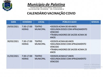 Palotina - Confira o Calendário de Vacinação contra o COVID-19 para esta terça e quarta-feira.