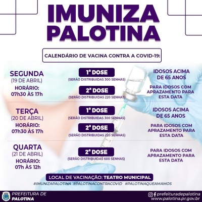 Palotina começa vacinar idosos a partir dos 65 anos nos dias 19 e 20