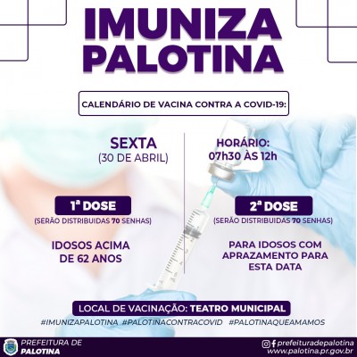 A Secretaria Municipal de Palotina informa que devido ao não recebimento de nova remessa das vacinas, sexta-feira (30), serão distribuídas menos senhas.