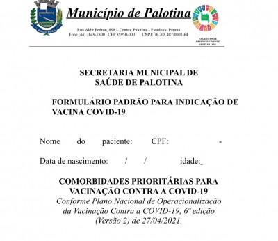 Palotina: Formulário padrão para indicação de vacina Covid-19 para pacientes com comorbidades