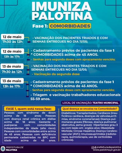 COVID-19 Pessoas com 45 anos com comorbidades e professores de 55 a 59 anos serão vacinadas em Palotina
