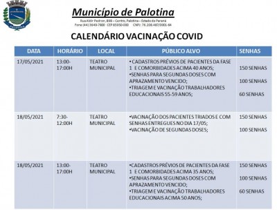 Covid-19 - Pessoas acima de 35 anos com comorbidades começarão a ser vacinadas em Palotina.
