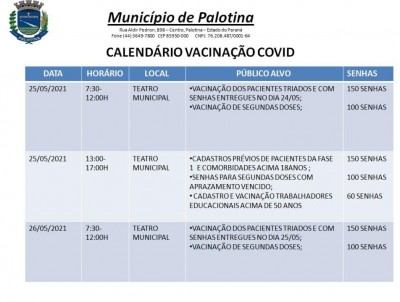 COVID-19 -  Palotina vai vacinar pessoas com 18 anos de idade com comorbidades 