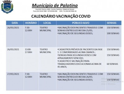 Na tarde de hoje continua em Palotina os cadastros para vacinação de pessoas acima de 18 anos com comorbidades. 