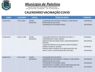 COVID-19 Palotina vai iniciar na segunda-feira a vacinação para pessoas com 59 anos