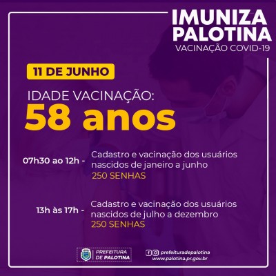 Imuniza Palotina – Nesta sexta e sábado as vacinas contra o Covid- 19 continua, pessoas de 57 e 58 anos serão vacinadas.