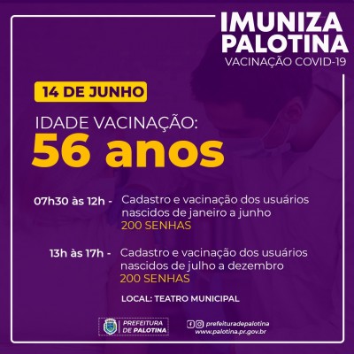 COVID-19 - Palotina vai  vacinar pessoas com 56 anos na segunda-feira