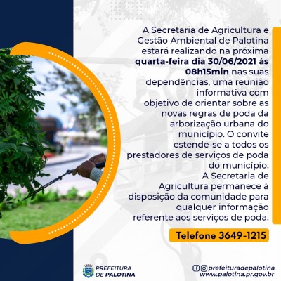 Secretaria de Agricultura e Gestão Ambiental de Palotina realizará reunião para informar novas regras de poda da arborização do município