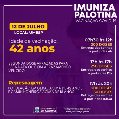 COVID-19: Palotina vai vacinar pessoas com 42 anos de idade na segunda-feira