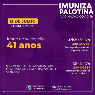COVID-19: Palotina vai vacinar pessoas com 41 anos de idade nesta terça-feira 