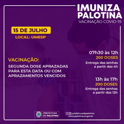 COVID-19: Palotina suspende aplicação da 1ª dose da vacina contra a Covid-19 