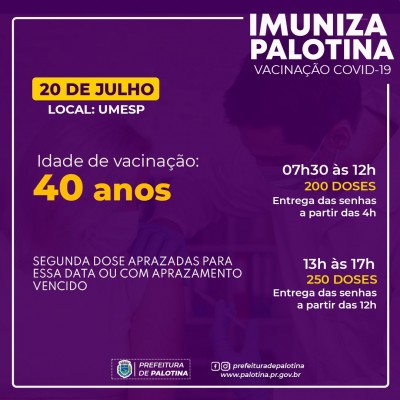 PALOTINA: Pessoas com 40 anos de idade serão vacinadas contra a Covid