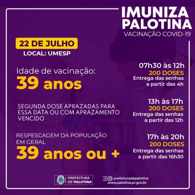 COVID-19 - Palotina vai vacinar pessoas com 39 anos de idade na quinta-feira