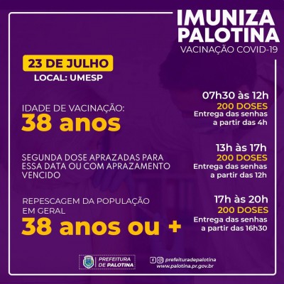 VACINAÇÃO COVID-19: Pessoas com 38 anos de idade serão imunizadas em Palotina
