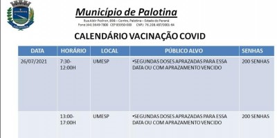 CORONAVÍRUS -  Palotina suspende aplicação da 1ª dose da vacina da Covid-19
