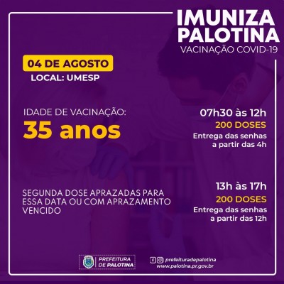 COVID-19: Pessoas com 35 anos de idade serão vacinadas em Palotina 