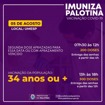 Palotina vai vacinar pessoas com 34 anos de idade contra a Covid