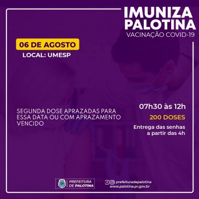 CORONAVÍRUS: Palotina volta aplicar somente 2ª dose da vacina da Covid-19