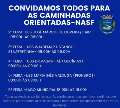 Calendário semanal das Caminhadas orientadas – NASF em Palotina
