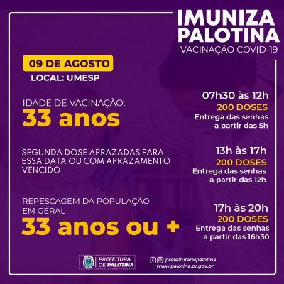 COVID-19: Palotina vai vacinar pessoas com 33 anos de idade na segunda-feira