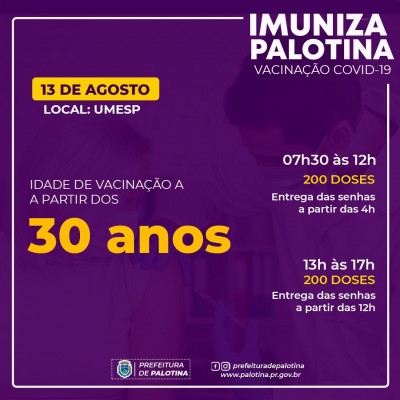 Palotina amplia vacinação contra a Covid-19 para pessoas a partir dos 30 anos