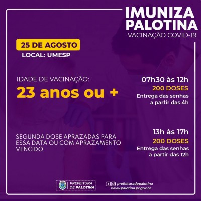 COVID-19: Palotina vai vacinar pessoas a partir dos 23 anos de idade