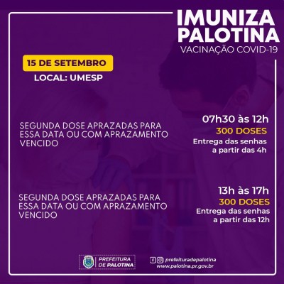 COVID-19: Palotina vai aplicar somente 2ª dose da vacina nesta quarta-feira (15/09) 