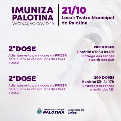 Palotina vai adiantar aplicação da 2ª dose da Pfizer nesta quinta-feira (21)