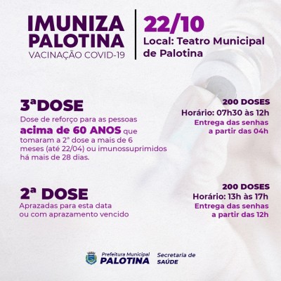 Vacinação Covid-19 - Palotina vai aplicar a 3ª dose em idosos e profissionais da saúde