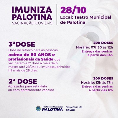 COVID-19 - Palotina volta aplicar 2ª e 3ª doses da vacina na quinta-feira (28/10)
