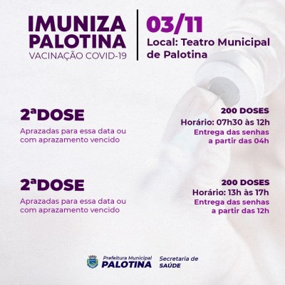VACINAÇÃO COVID-19 - Palotina vai aplicar somente a 2ª dose da vacina na quarta-feira (3)