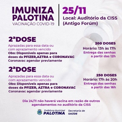 VACINAÇÃO COVID-19 -Palotina vai aplicar somente a 2ª dose da vacina na quinta-feira (25)
