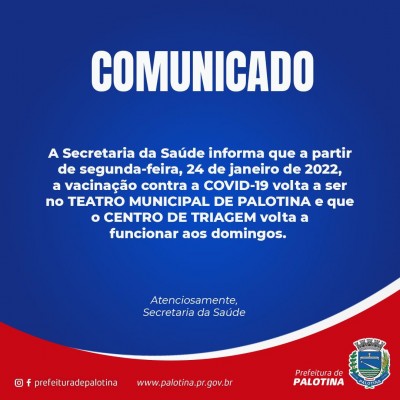 Palotina - Vacinação da covid-19 voltará a ser realizada no Teatro Municipal