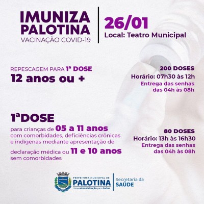 Palotina vai vacinar crianças de 05 a 11 anos na quarta-feira (26)