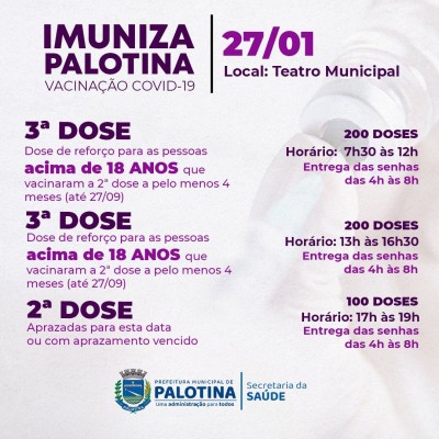 COVID-19 - Palotina vai aplicar 2ª e 3ª dose da vacina na quinta-feira (27/1)