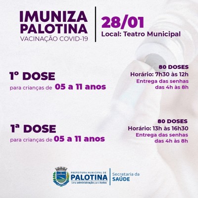 COVID-19 -Palotina vai vacinar crianças de 05 a 11 anos nesta sexta-feira