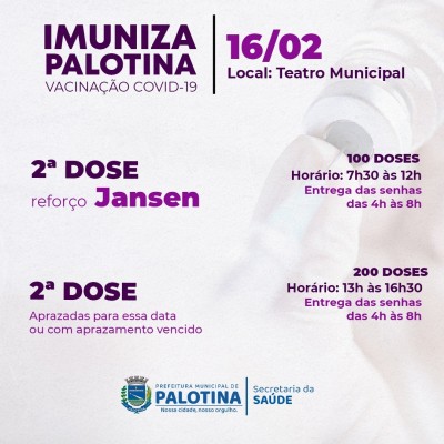 COVID-19 -Palotina vai aplicar somente a 2ª dose da vacina na quarta-feira (16)