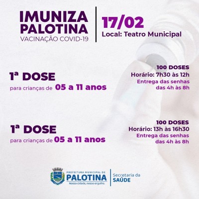 COVID-19 Palotina vai vacinar crianças de 05 a 11 anos de idade nesta quinta-feira