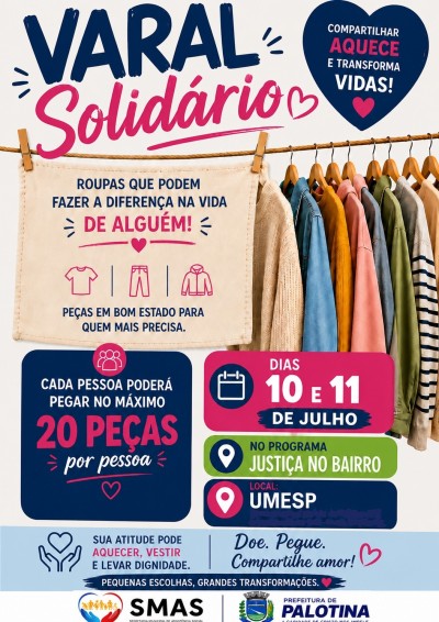 Varal Solidário será realizado durante o Programa Justiça no Bairro em Palotina 